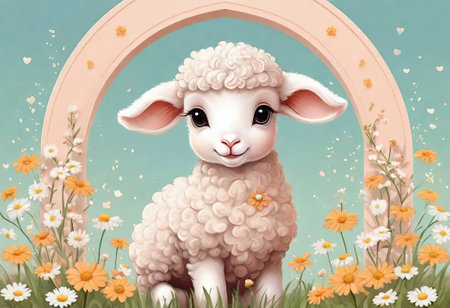 Cute sheep in the meadow with daisies and archの素材