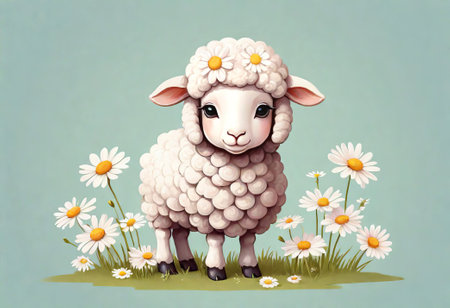Sheep with daisies on the meadow. Vector illustration.の素材