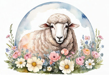 Watercolor illustration of cute sheep with flowers in the circle frame.の素材