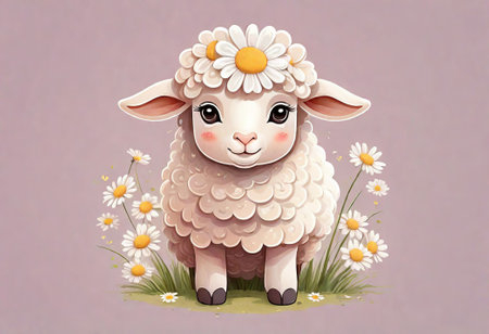 Illustration of a cute sheep on a meadow with daisiesの素材