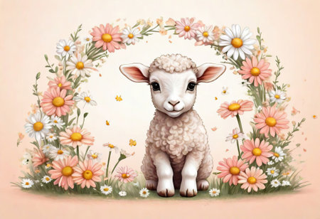 Cute lamb with flowers on pastel background. Digital painting.の素材