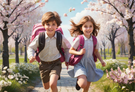 happy children with school backpacks running hands along green lawn sunset, children dream, school children running playground, happy family, kid child running sunset, school team girl boy, teamworkの素材
