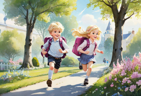 happy children with school backpacks running hands along green lawn sunset, children dream, school children running playground, happy family, kid child running sunset, school team girl boy, teamworkの素材