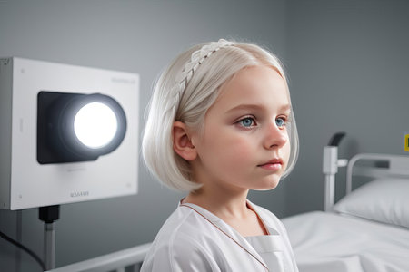 blond child in hospital clothes.portraitの素材