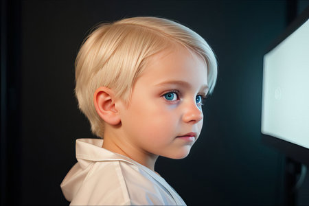 blond child in hospital clothes.portraitの素材