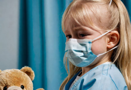 child in quarantine wearing a medical mask. Small child wearing a mask. Epidemic concept. COVID-19. Child in bed during quarantineの素材