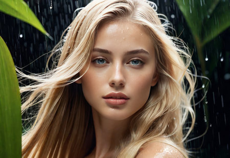 Young sexy woman in jungle. tropical rain in the jungleの素材