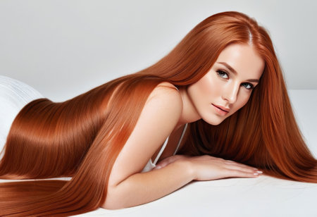 Healthy Long Hair. portrait of a red-haired girl in the studio with long hair. advertising photoの素材