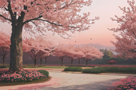 Watercolor landscape. Flowering pink tree by the lake. spring pictureの素材