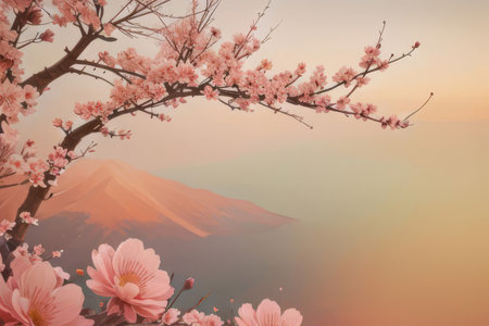 Watercolor landscape. Flowering pink tree by the lake. spring pictureの素材