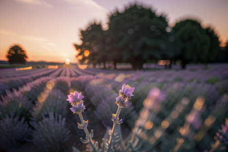Stunning landscape with lavender field at sunset. magical shades of purple and pinkの素材