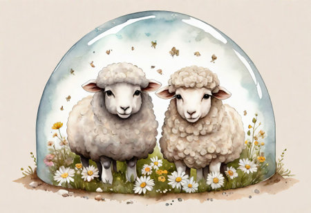 Two sheeps in a bubble on a meadow with daisiesの素材
