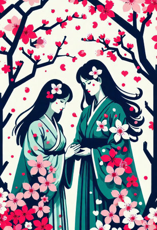 art illustration of spring. cherry blossoms. people walking through the sakura garden. in art styleの素材