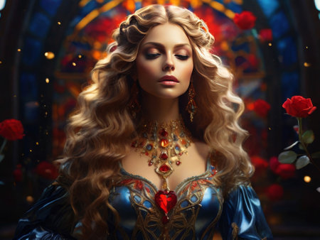 Portrait of a beautiful young woman with long wavy hair in medieval dress.の素材