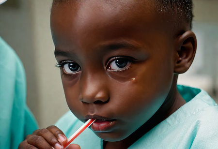 an African American child in a hospital gown sits on an examination couch.の素材