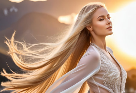 Wind flutters young girls hair. healthy hair advertisingの素材