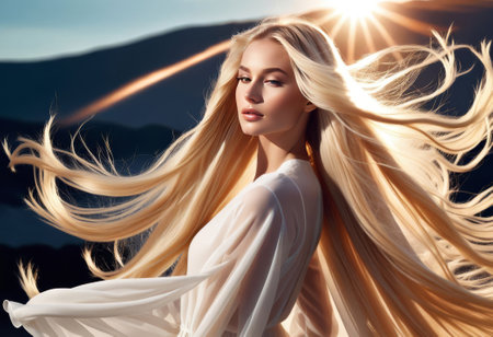 Wind flutters young girls hair. healthy hair advertisingの素材