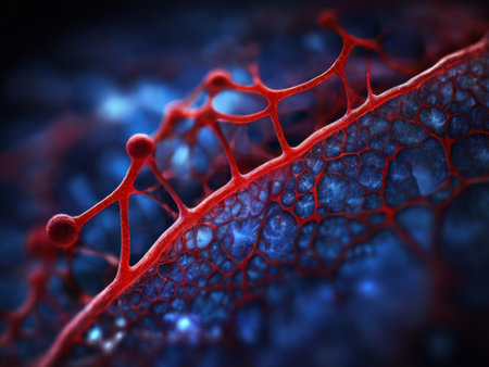Blood cells flowing through veins and human circulatory system representing a medical health care symbol.の素材