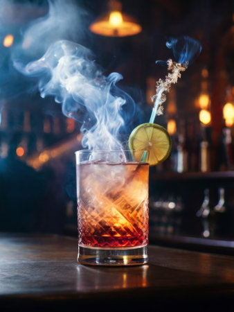 cocktail with smoke. on the cocktail bar counter in smokeの素材