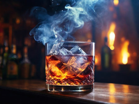 cocktail with smoke. on the cocktail bar counter in smokeの素材