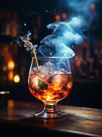 cocktail with smoke. on the cocktail bar counter in smokeの素材