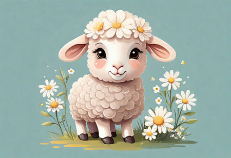 Funny cartoon character. Spring sheep in red and white flowers. Spring picture for children.の素材