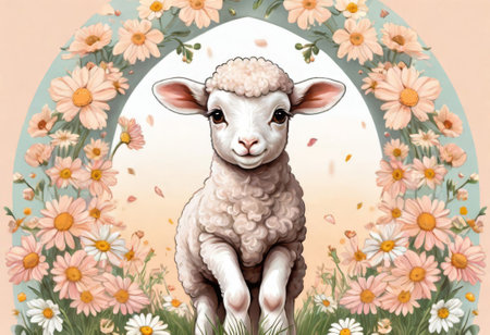 Funny cartoon character. Spring sheep in red and white flowers. Spring picture for children.の素材