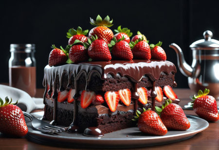 chocolate cake with fresh strawberry on rustic backgroundの素材