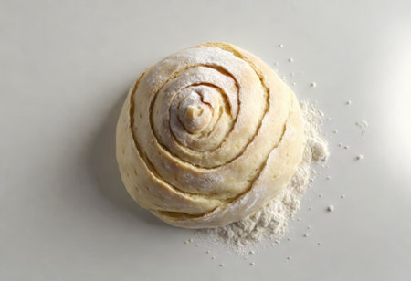 Fresh raw dough for pizza or bread baking on wooden cutting board isolated on white background. top viewの素材