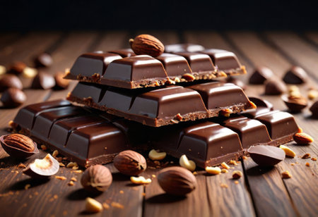 two chocolate bar filled with different berries and nuts lie old wooden table with cracked paint on the surface.scattered Almonds, nuts,buckwheat, and grated cinnamon. strongly blurred backgroundの素材