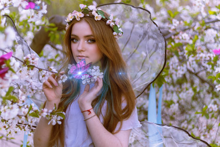 Art photo fantasy pixie butterfly. young fairy with glow wings holds bouquet flower. cute face, makeup red lipsの写真素材