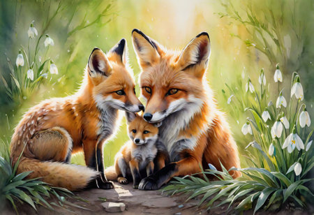 mother fox with fox cub in the forestの素材