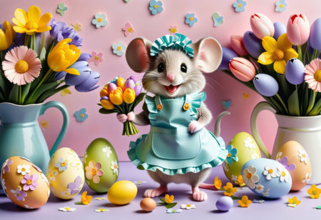 The mouse and the Easter colored egg hunt fall out of the elevator. Original pattern, decoration, decoration, greeting banner, web, postcard, wallpaper, layout, templateの素材