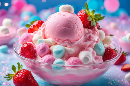 pink ice cream with strawberries on a pink backgroundの素材