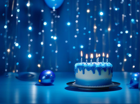 Festive cake with candles on the background of festive pink wall with gifts and flags in serpentineの素材