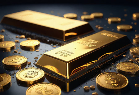 Falling price of gold represented by a golden yellow metal bar and dollar coins going down from sky,gold drop,pricing,richの素材