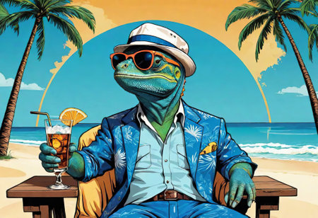 A tired chameleon rests and drinks a cold cocktail while sitting in a sun lounger on the beach.の素材