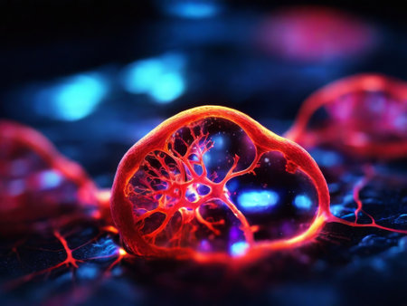 Blood cells flowing through veins and human circulatory system representing a medical health care symbol.の素材