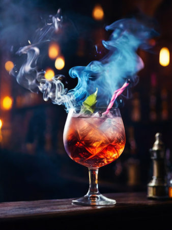cocktail with smoke. on the cocktail bar counter in smokeの素材