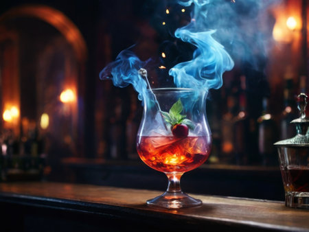 cocktail with smoke. on the cocktail bar counter in smokeの素材