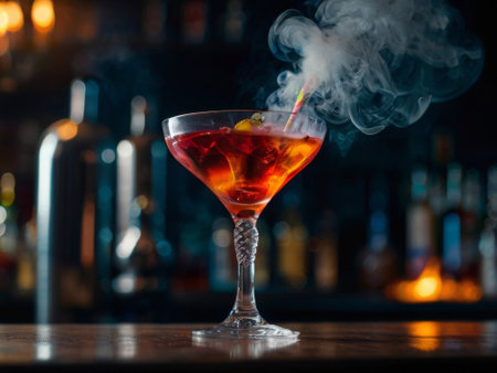 cocktail with smoke. on the cocktail bar counter in smokeの素材