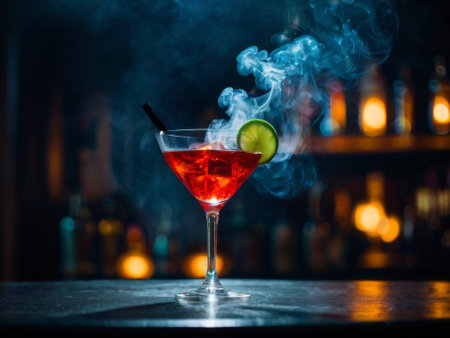 cocktail with smoke. on the cocktail bar counter in smokeの素材