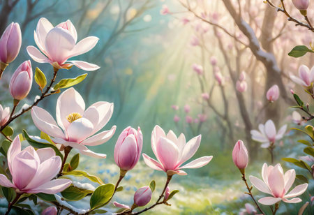 Blossoming of magnolia flowers in spring time. spring gardenの素材