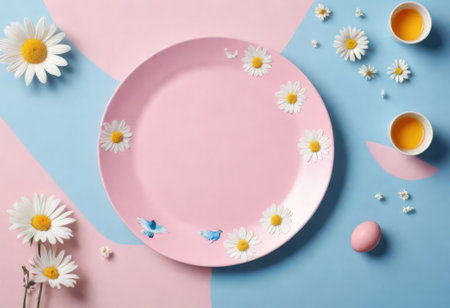 Beautiful table setting with spring flowers for Easter celebration. Easter paintingの素材