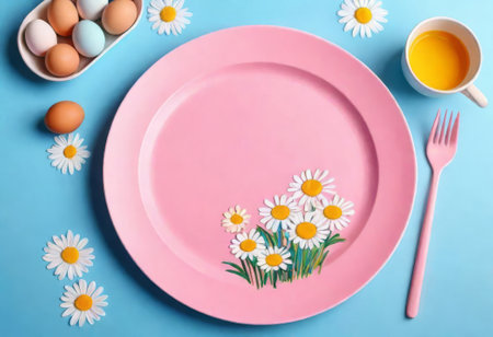 Beautiful table setting with spring flowers for Easter celebration. Easter paintingの素材