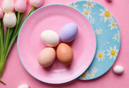 Beautiful table setting with spring flowers for Easter celebration. Easter paintingの素材