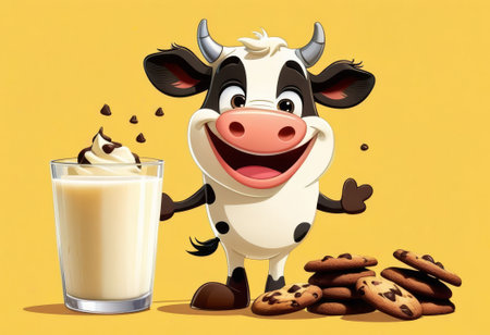 cheerful cookie with chocolate chips and a glass of milk on a yellow background. healthy breakfastの素材
