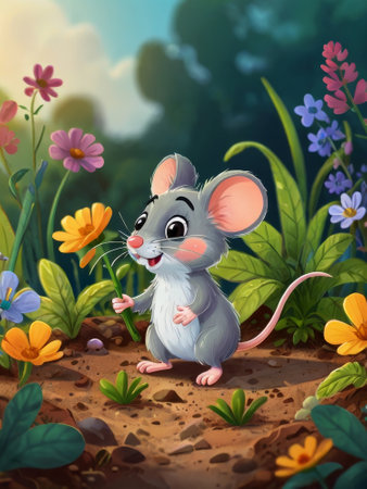 Cute Mouse Gardener Cut Plant with Pruner art Illustration. mouse gardenerの素材