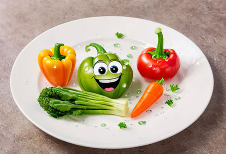funny vegetables on a plate. lunch for weight loss. healthy food. breakfast for a slim figure. vegetarian smile, cheerful face, vegan, healthy breakfast, backgroundの素材