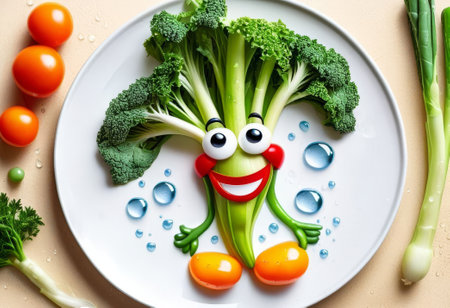 funny vegetables on a plate. lunch for weight loss. healthy food. breakfast for a slim figure. vegetarian smile, cheerful face, vegan, healthy breakfast, backgroundの素材